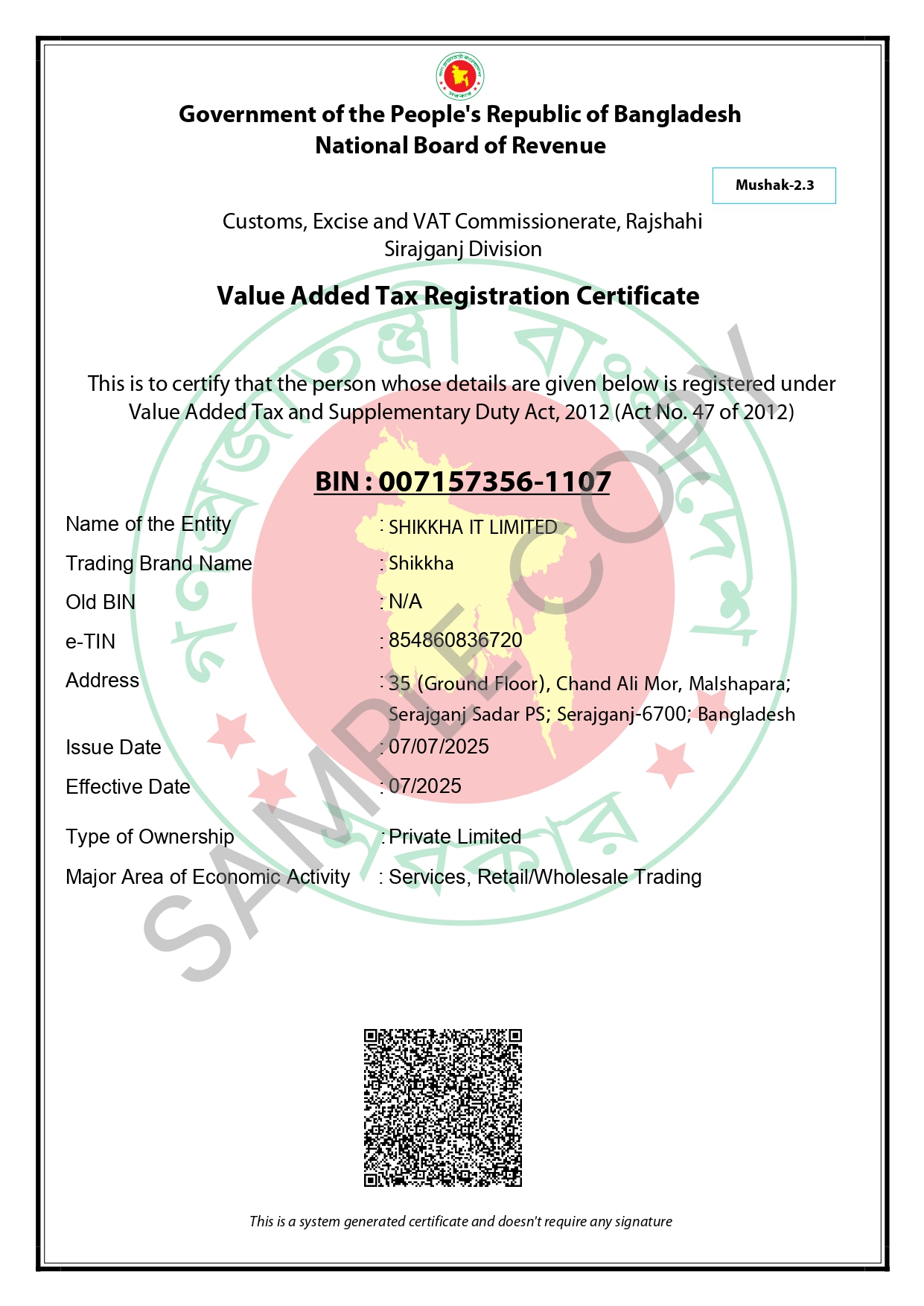 Official BIN Certificate - 007157356-1107