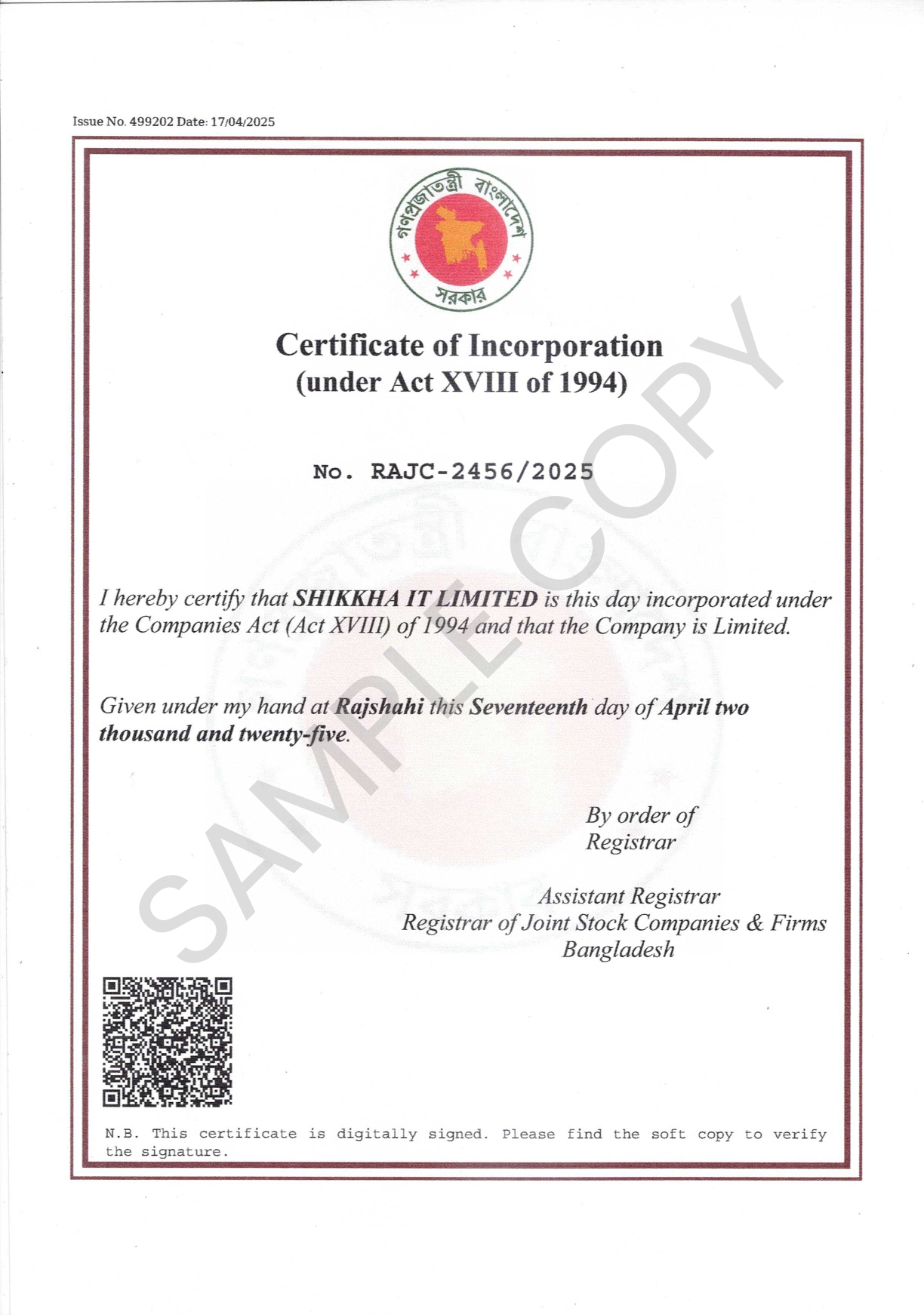 Official Certificate of Incorporation - RAJC-2456/2025