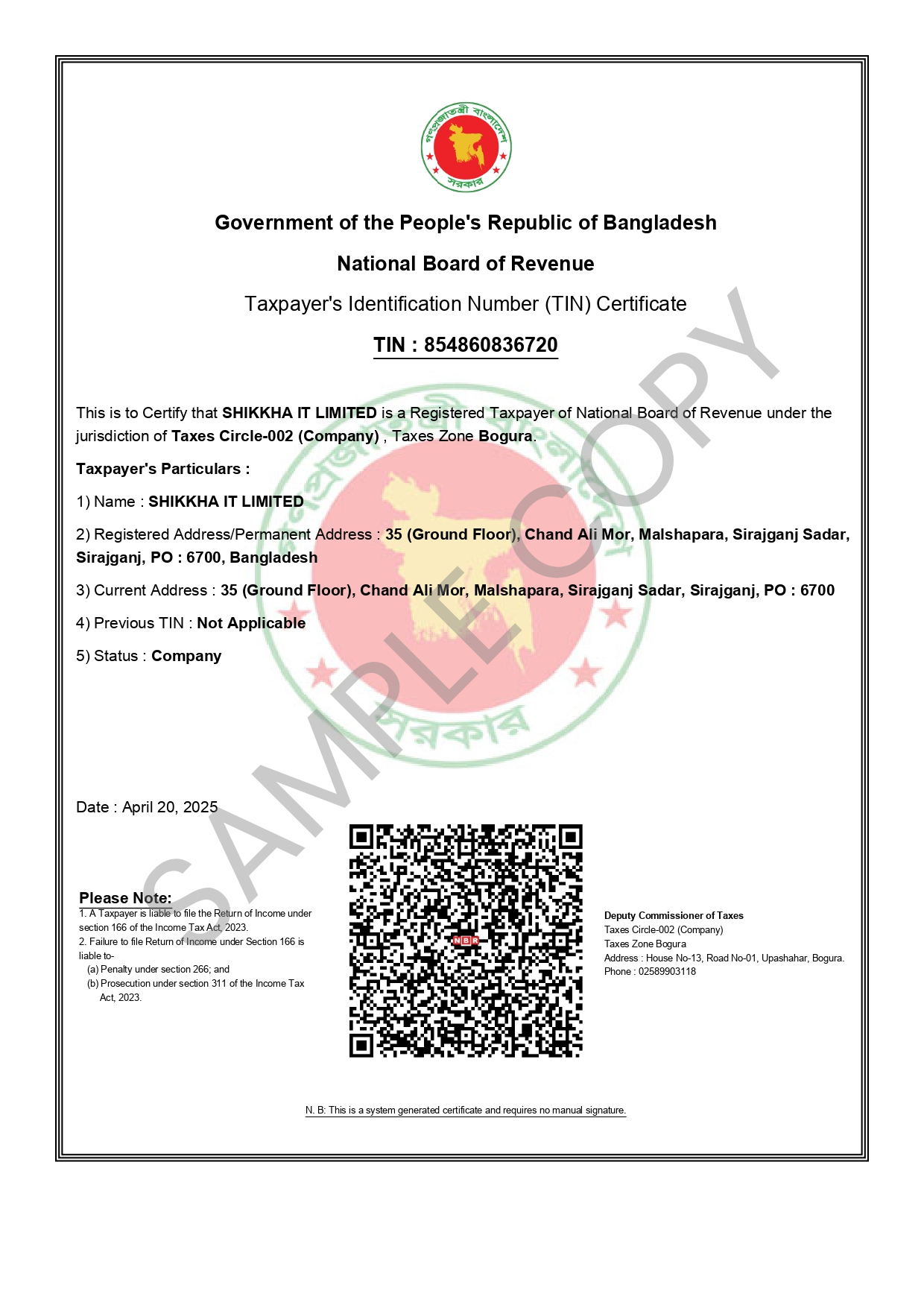 Official E-TIN Certificate - 854860836720